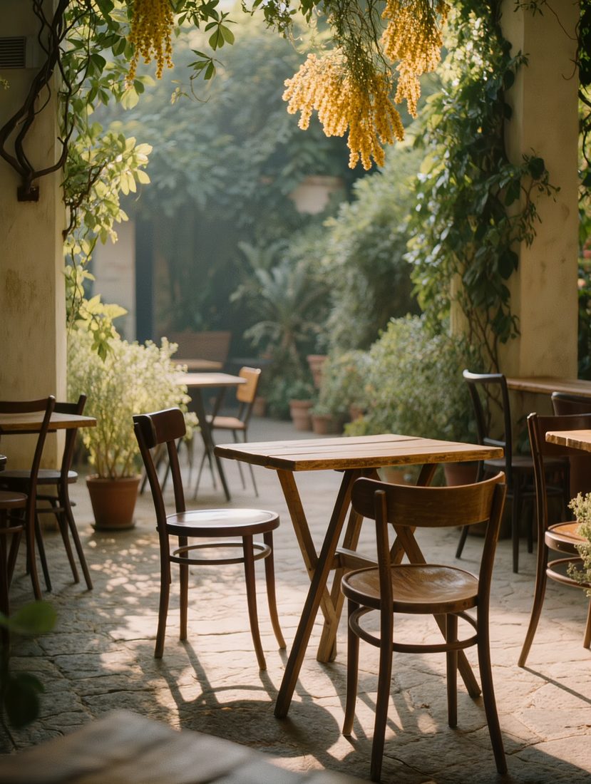 A leafy, sun-dappled cafe courtyard
