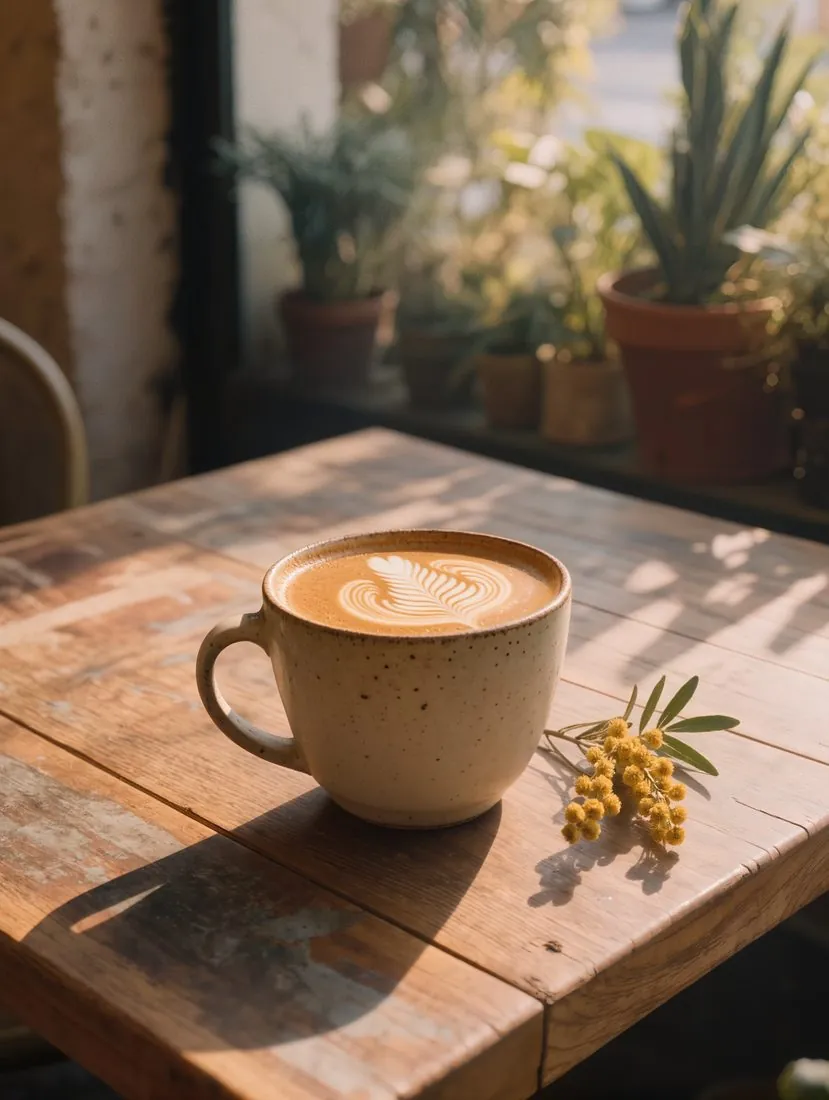 A flat white with latte art on a sunny timber cafe table